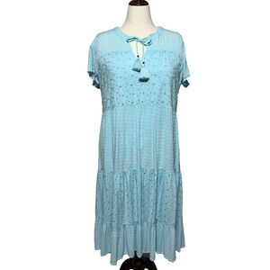 Kate & Sam Dress XXL Maxi Blue Eyelet Tiered Textured Tassels Beachy Coastal